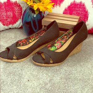 Black peep toe cork wedges. Size 7.5